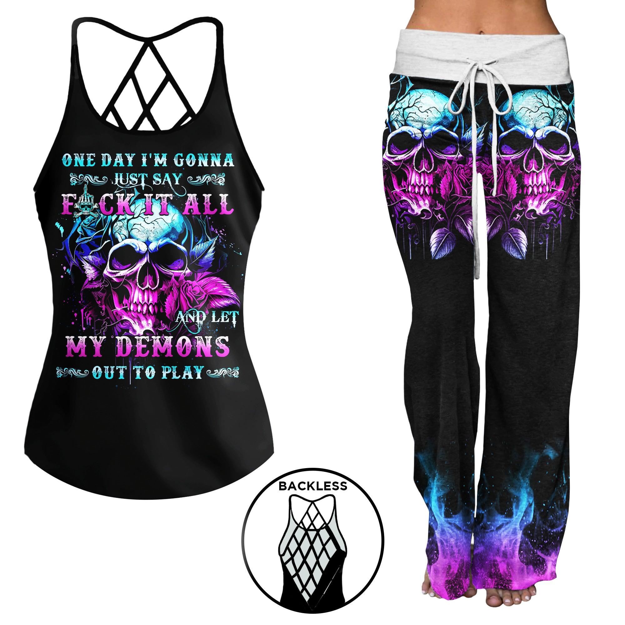 One Day Skull Punk Style Backless tanktop and Wide Pants Sets - Wonder Skull