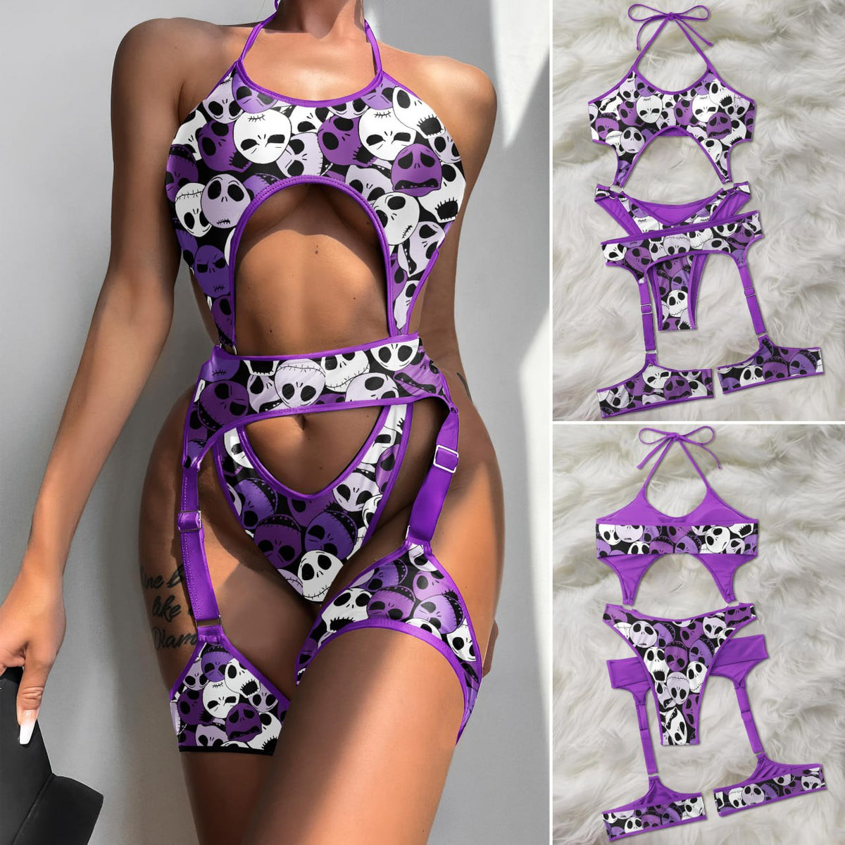 Nightmare Halter Cut Out One Piece Swimsuit With Garter Set - Wonder Skull