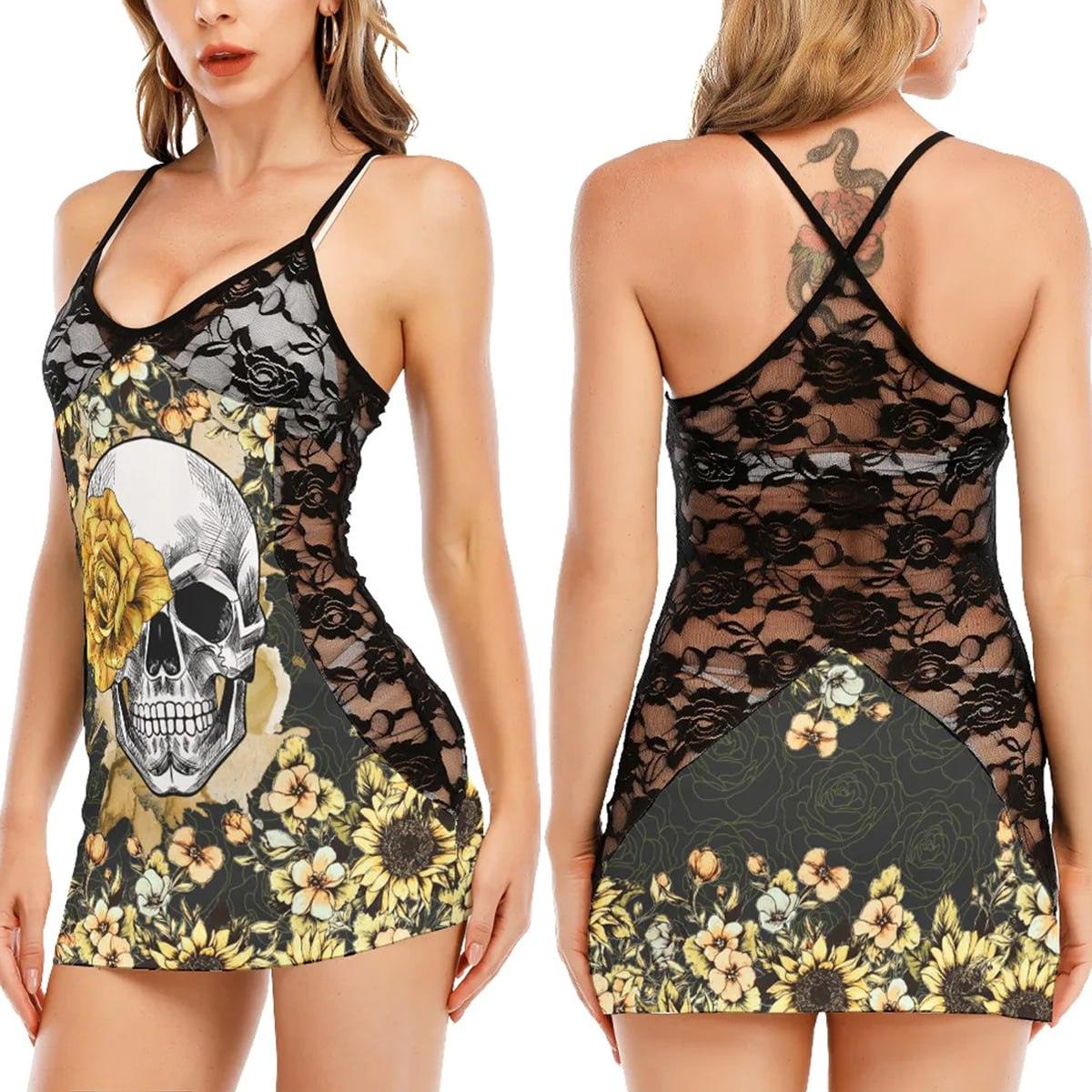 Sunflower And Skull All-Over Print Women's Black Lace Cami Dress - Wonder Skull