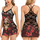 Red Flower And Skull All-Over Print Women's Black Lace Cami Dress - Wonder Skull