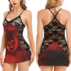 Red Skull All-Over Print Women's Black Lace Cami Dress - Wonder Skull