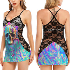 Hologram Skull All-Over Print Women's Black Lace Cami Dress - Wonder Skull