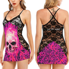 Pink Skull All-Over Print Women's Black Lace Cami Dress - Wonder Skull