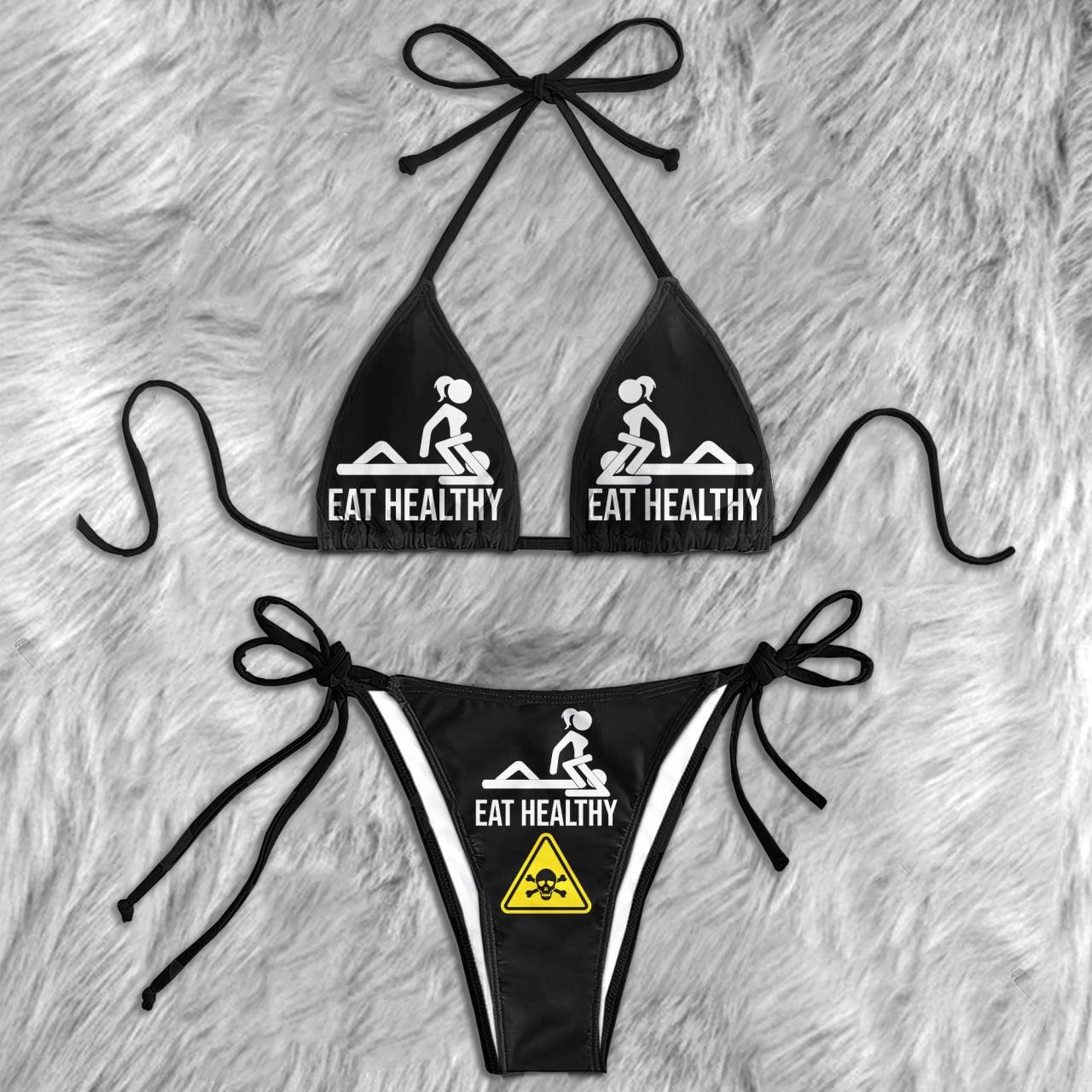 Funny Skull Sign Eat Healthy Micro Triangle Bikini Swimsuit
