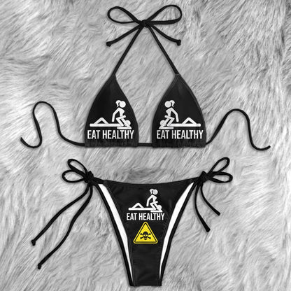 Funny Skull Sign Eat Healthy Micro Triangle Bikini Swimsuit