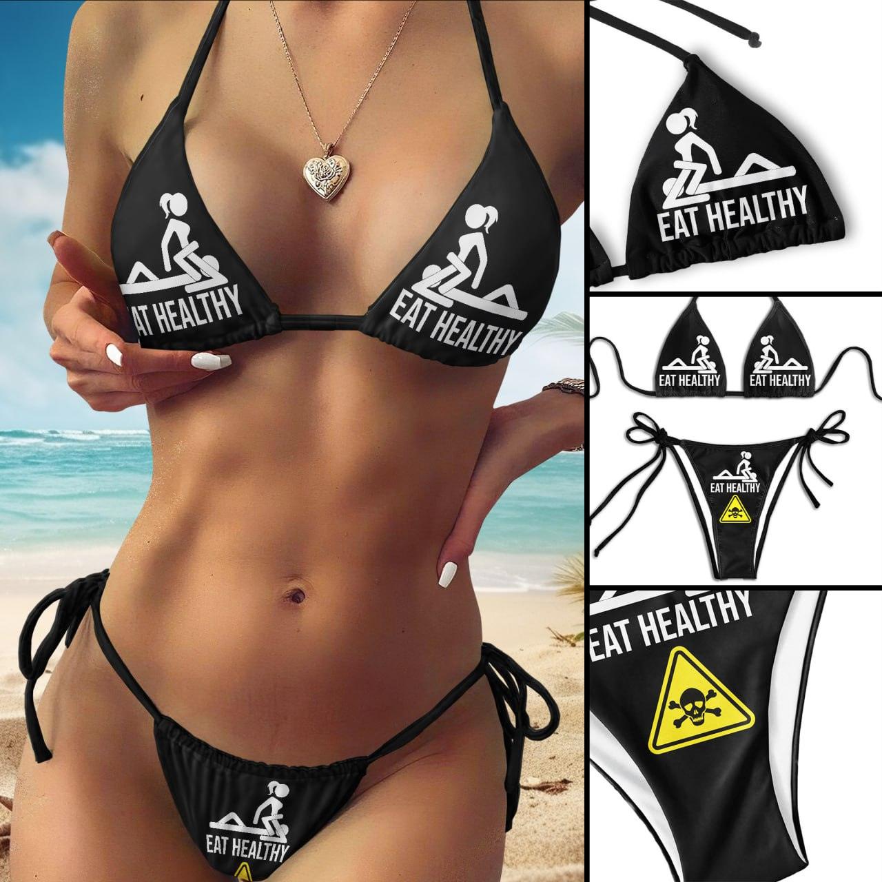 Funny Skull Sign Eat Healthy Micro Triangle Bikini Swimsuit