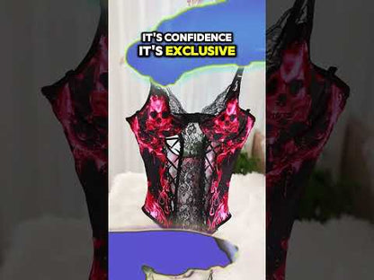 Pink Skull Corset Lingerie, Black Lace Naughty Bodysuit