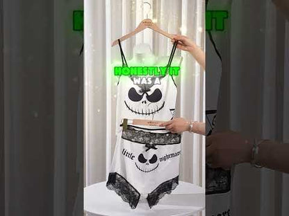  Wonder Skull "Unique Iconic Printing" Sleepwear Set features playful skull designs and elegant lace details for a whimsical yet sophisticated look. Made from high-quality materials, it offers comfort and durability, perfect for lounging and sleeping. This stylish set is a must-have for a unique nighttime wardrobe.