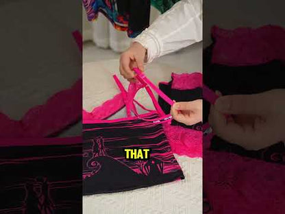 Black Pink Skull Romantic Gothic Pajama Sleepwear Lace Set