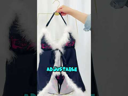 Naughty Plush Trim Babydoll Chemise Sleepwear Nightgown Set