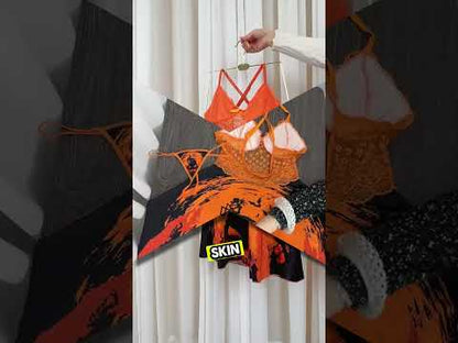 Orange Art Lace Babydoll Comfort Chemise Sleepwear Set
