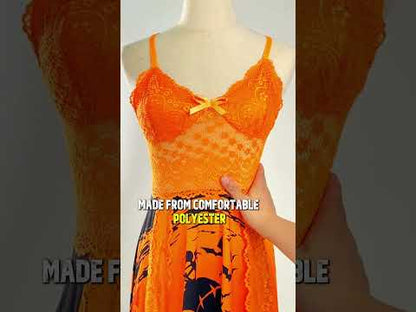 Orange Art Lace Babydoll Comfort Chemise Sleepwear Set