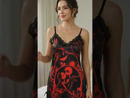 Women's Red Lace Nightgown, Sexy Spaghetti Strap Babydoll Nightwear Chemise. Indulge in luxurious comfort and stunning style with this red lace chemise featuring a slim fit design and plunging V-neckline. Inspired by 'Little Nightmare Before Xmas', this nightgown combines gothic symbols with red lace for a captivating look. Perfect for a romantic evening, the dual side slits add a touch of sexiness to this beautiful piece.