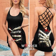 Scary Halloween Hand Squeeze Open Back Short Dress - Wonder Skull