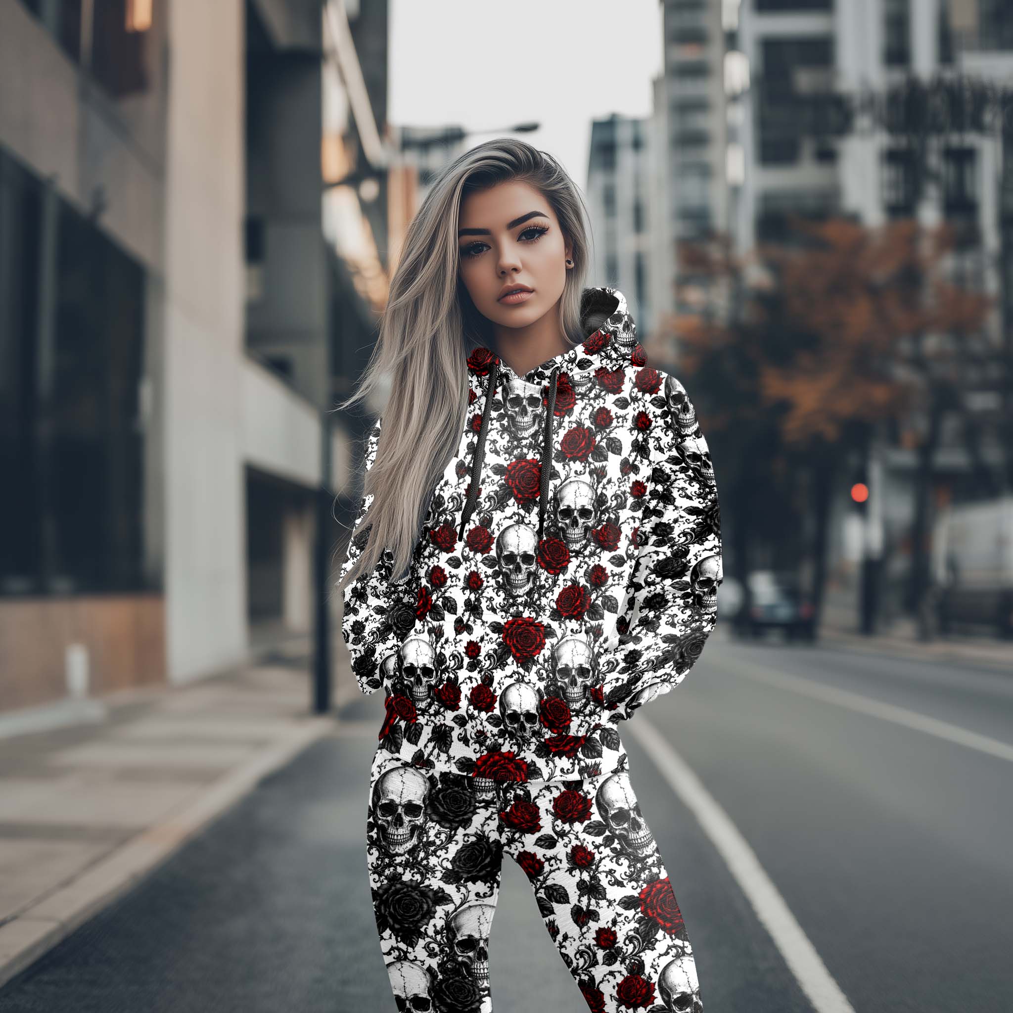 Women Hoodie and Leggings, Romantic Gothic Skull Pattern Outwear Pants Outfit