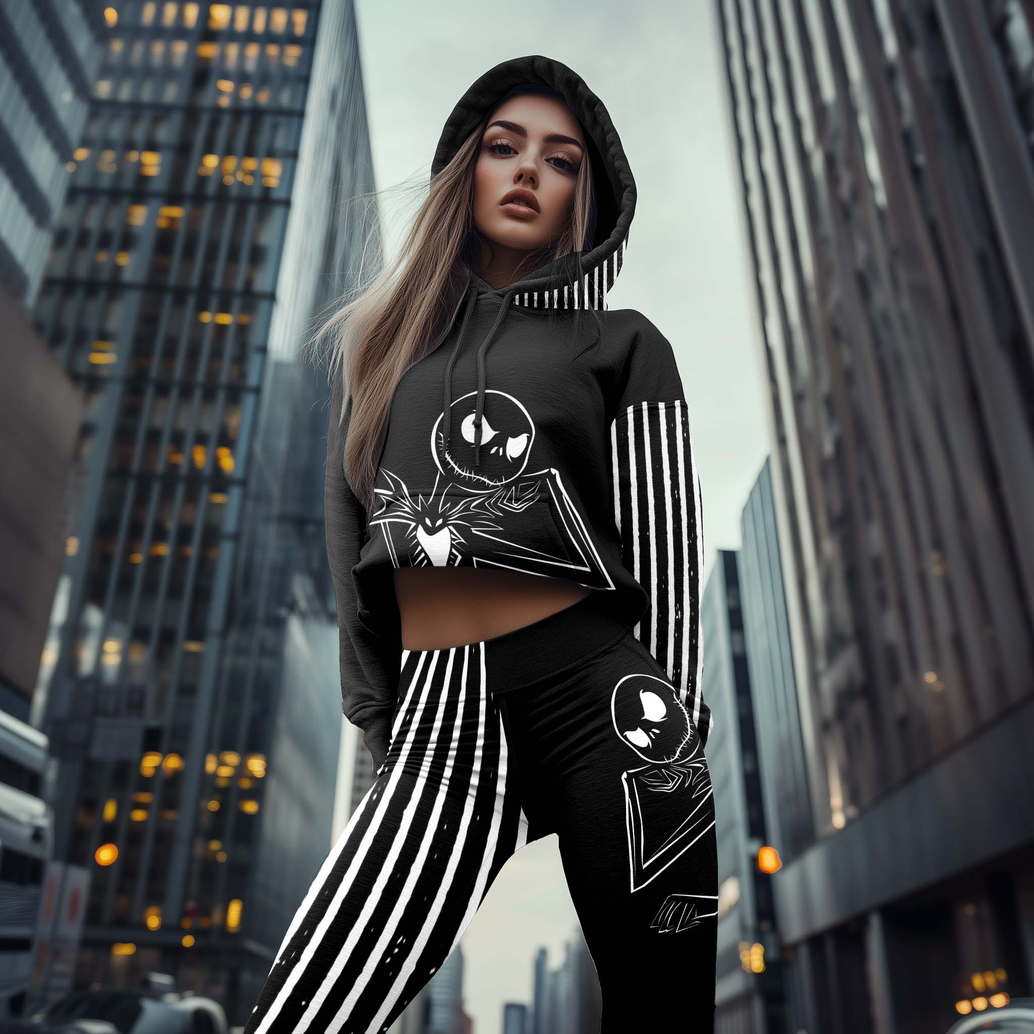 Women Hoodie and Leggings, Shadow Skeleton Art Outwear Pants Outfit