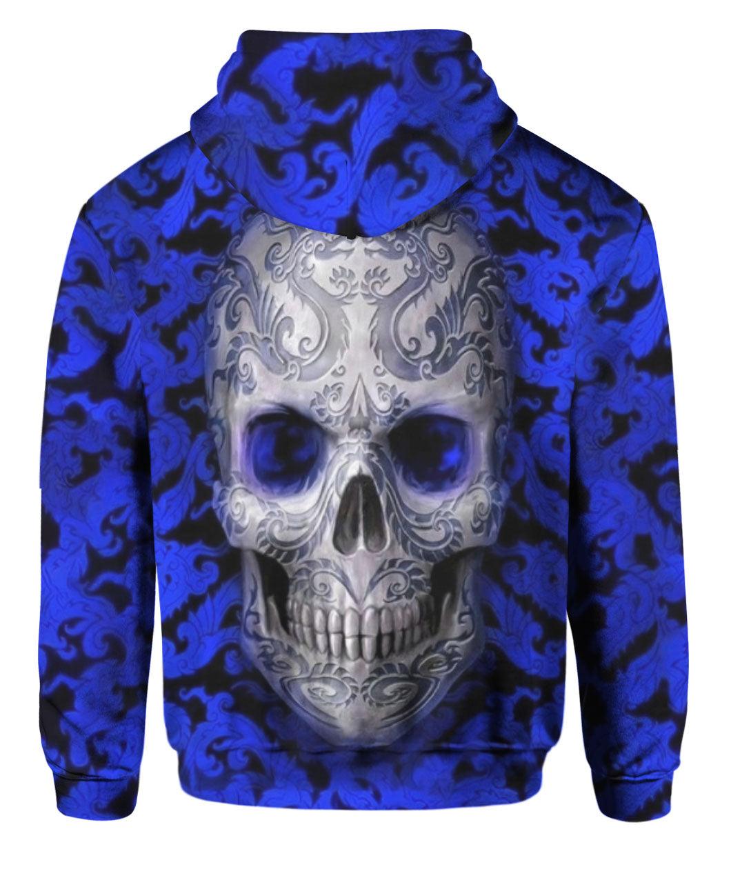 Blue Pattern Skull Hoodie Full Printed - Wonder Skull
