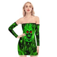 Green Fire Skull Off-shoulder Back Lace-up Dress - Wonder Skull