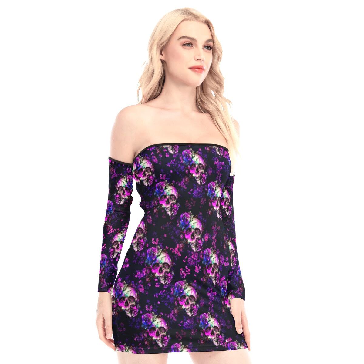 Skull Rose Pink Gradient Off-shoulder Back Lace-up Dress - Wonder Skull
