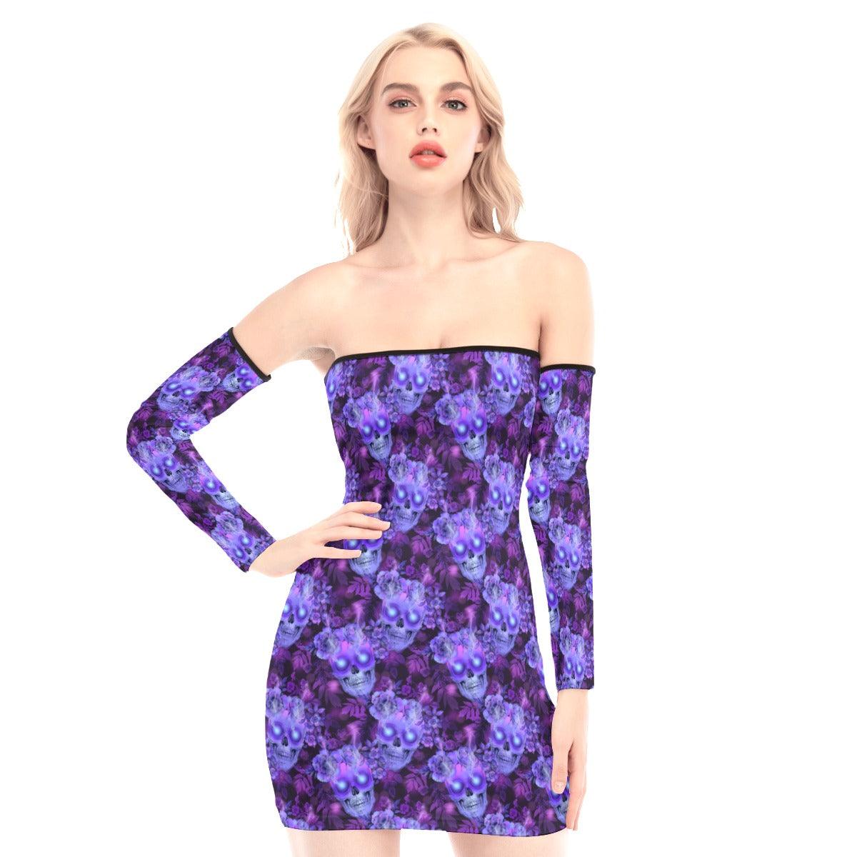 Purple Skulls Flowers Off-shoulder Back Lace-up Dress - Wonder Skull