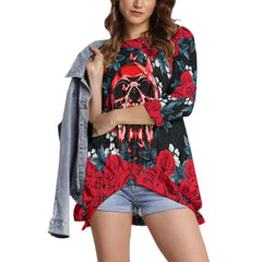 Blood Skull Rose Sweatshirt With Irregular Pleated Hem -  Wonder Skull