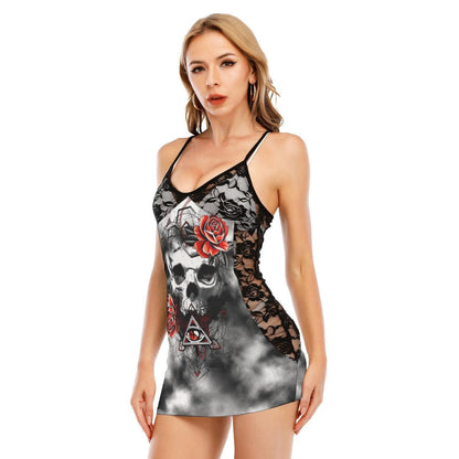 Skull Rose Gothic Tie-dye Print Women Black Lace Cami Dress - Wonder Skull