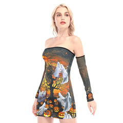 Halloween Ghost Off-shoulder Back Lace-up Dress - Wonder Skull