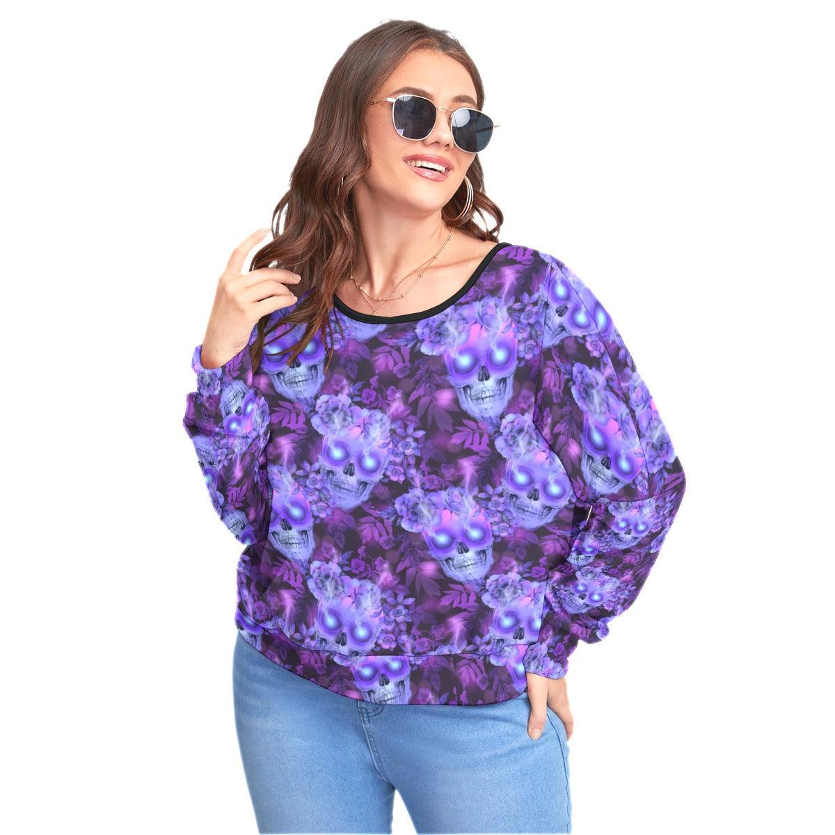 Purple Skulls Flowers Backless Sweatshirt With Bat Sleeve - Wonder Skull