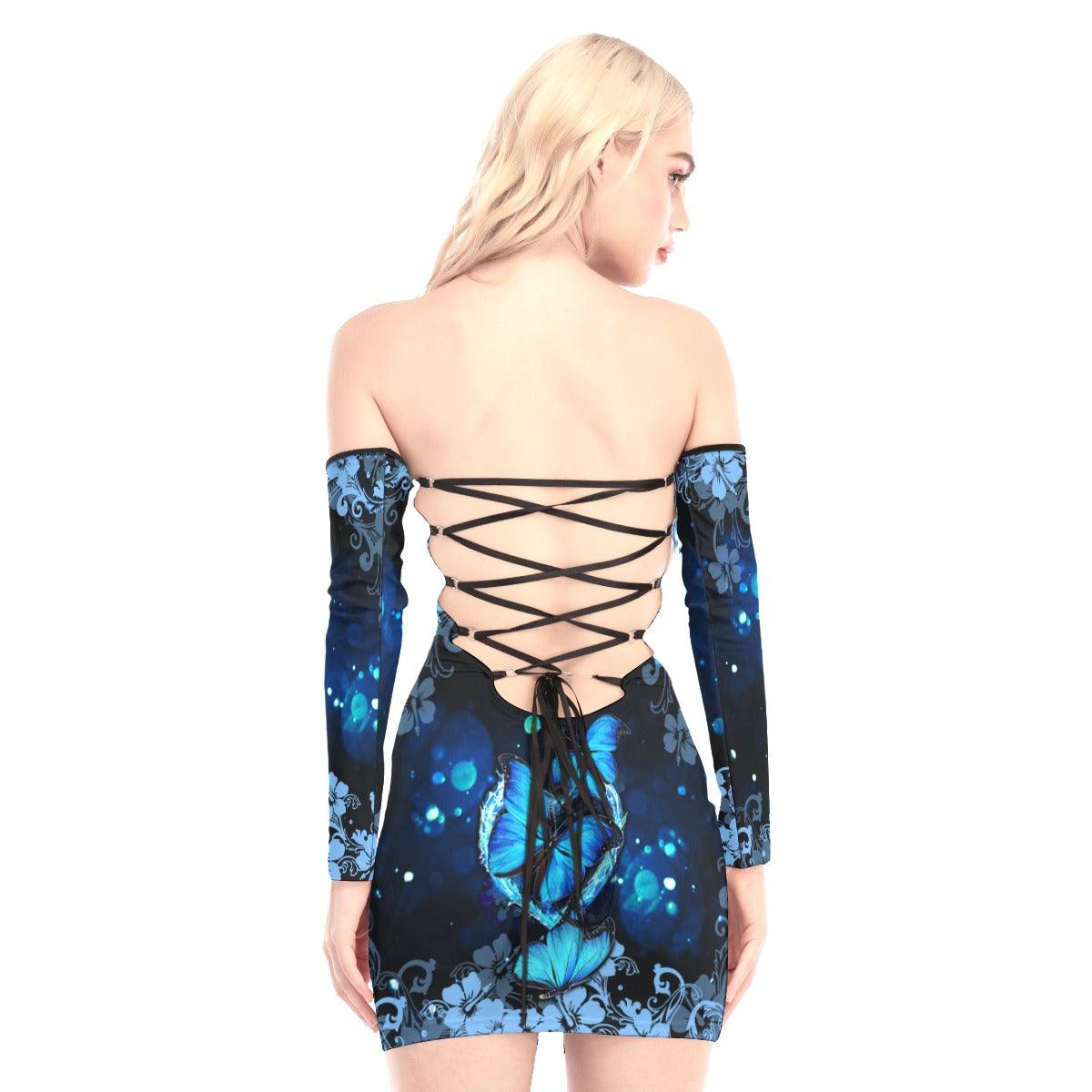 Blue Heart Butterflies Off-shoulder Back Lace-up Dress - Wonder Skull