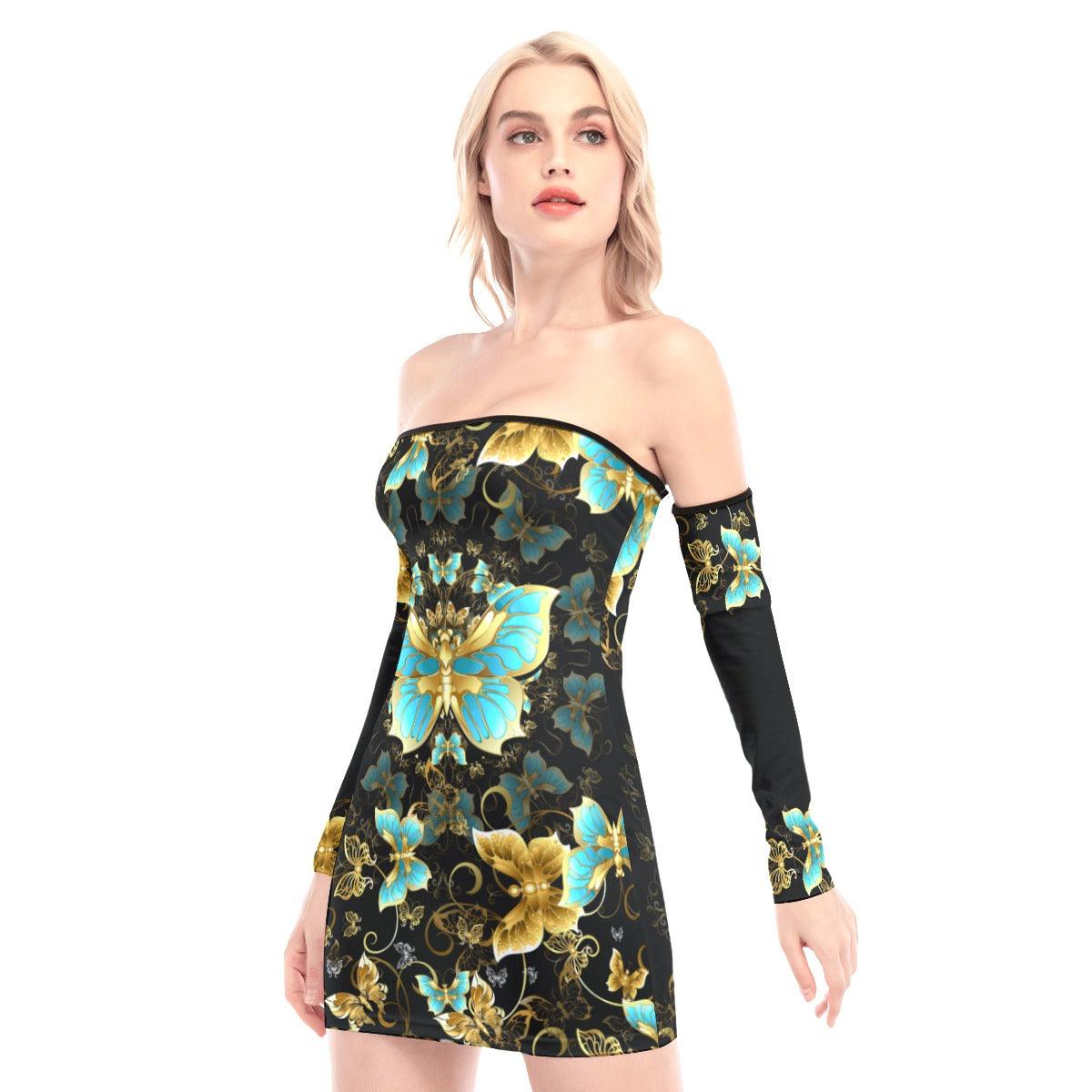 Gold Queen Butterfly Off-shoulder Back Lace-up Dress - Wonder Skull
