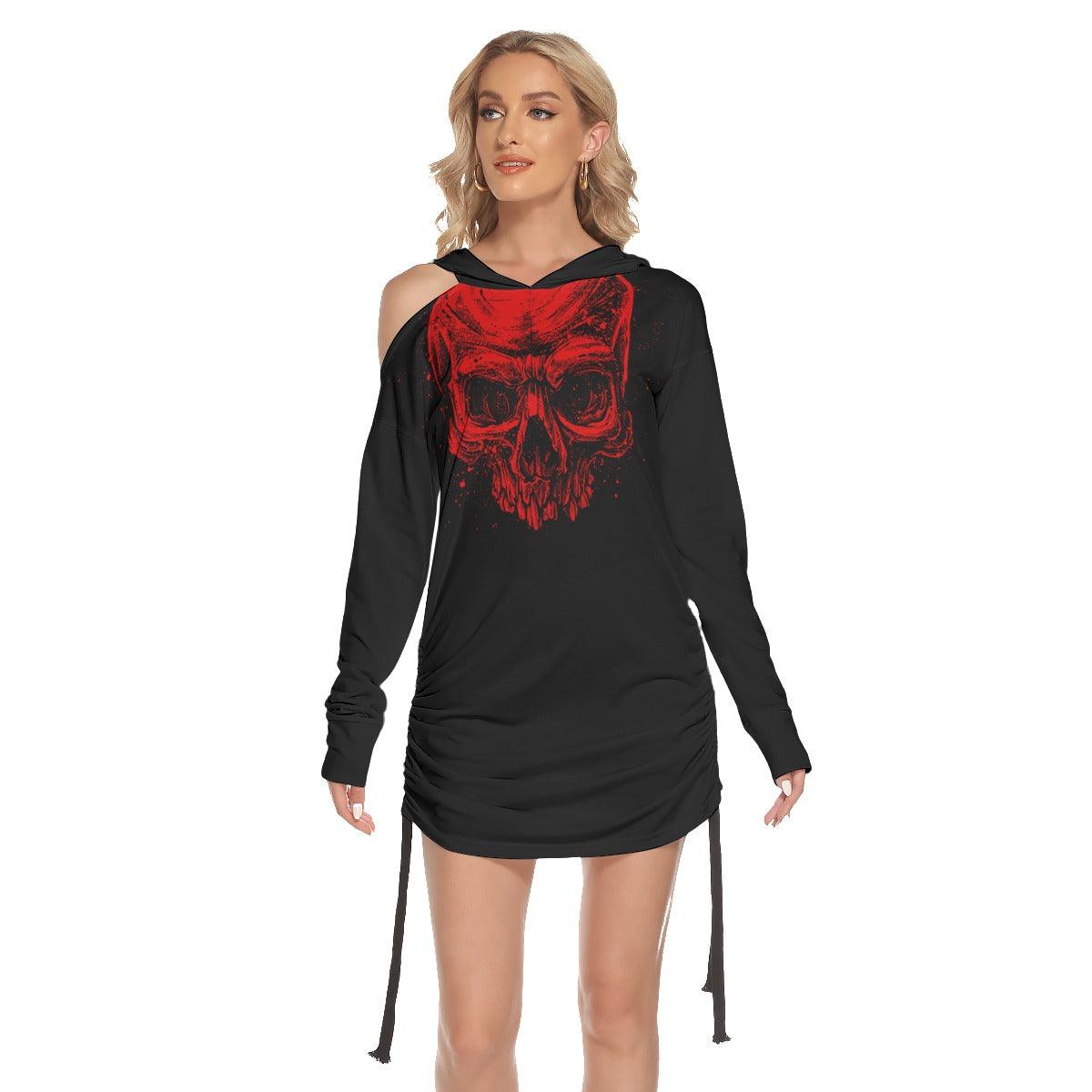 Red Skull Women One Shoulder Dress With Waist Shirring, Hot Long Hoodie For Women - Wonder Skull