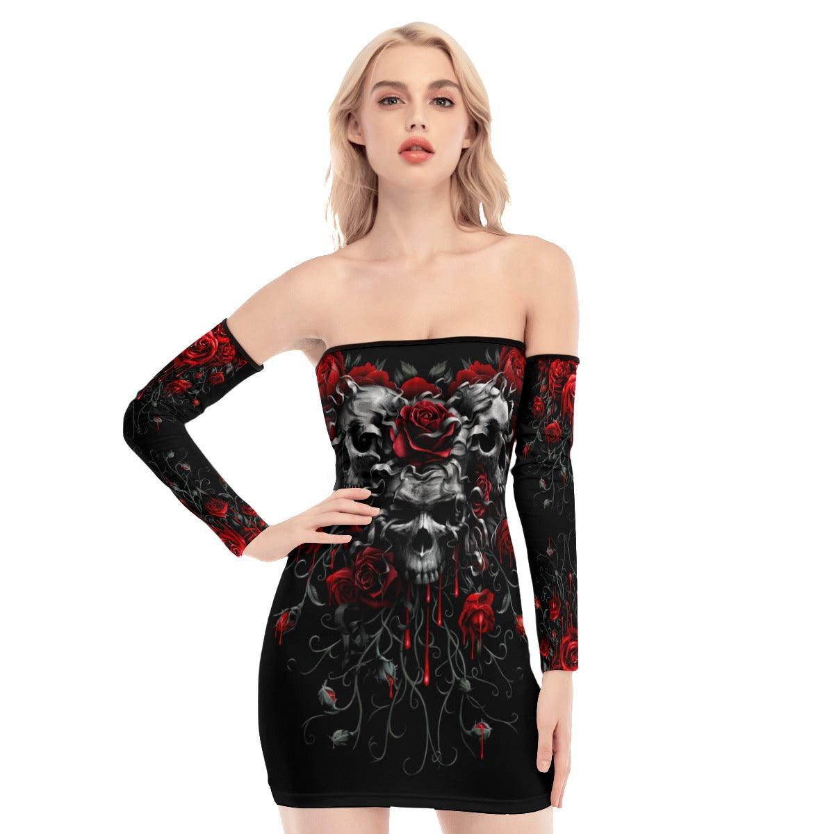 Skull Gothic Red Rose Off-shoulder Back Lace-up Dress - Wonder Skull