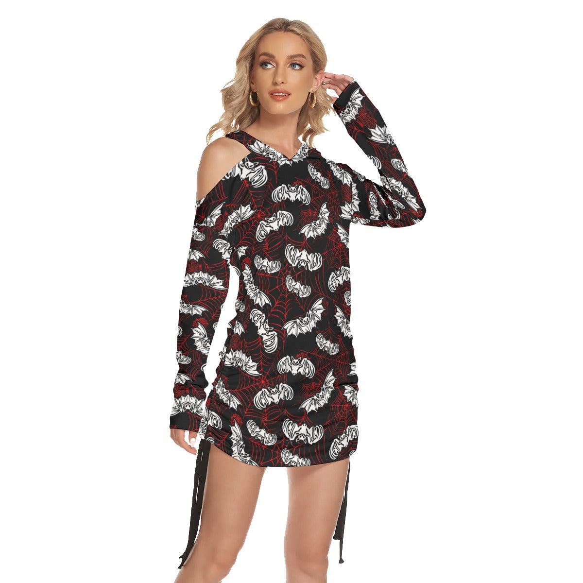 Bat Spider Net All Over Print Women One Shoulder Dress With Waist Shirring - Wonder Skull