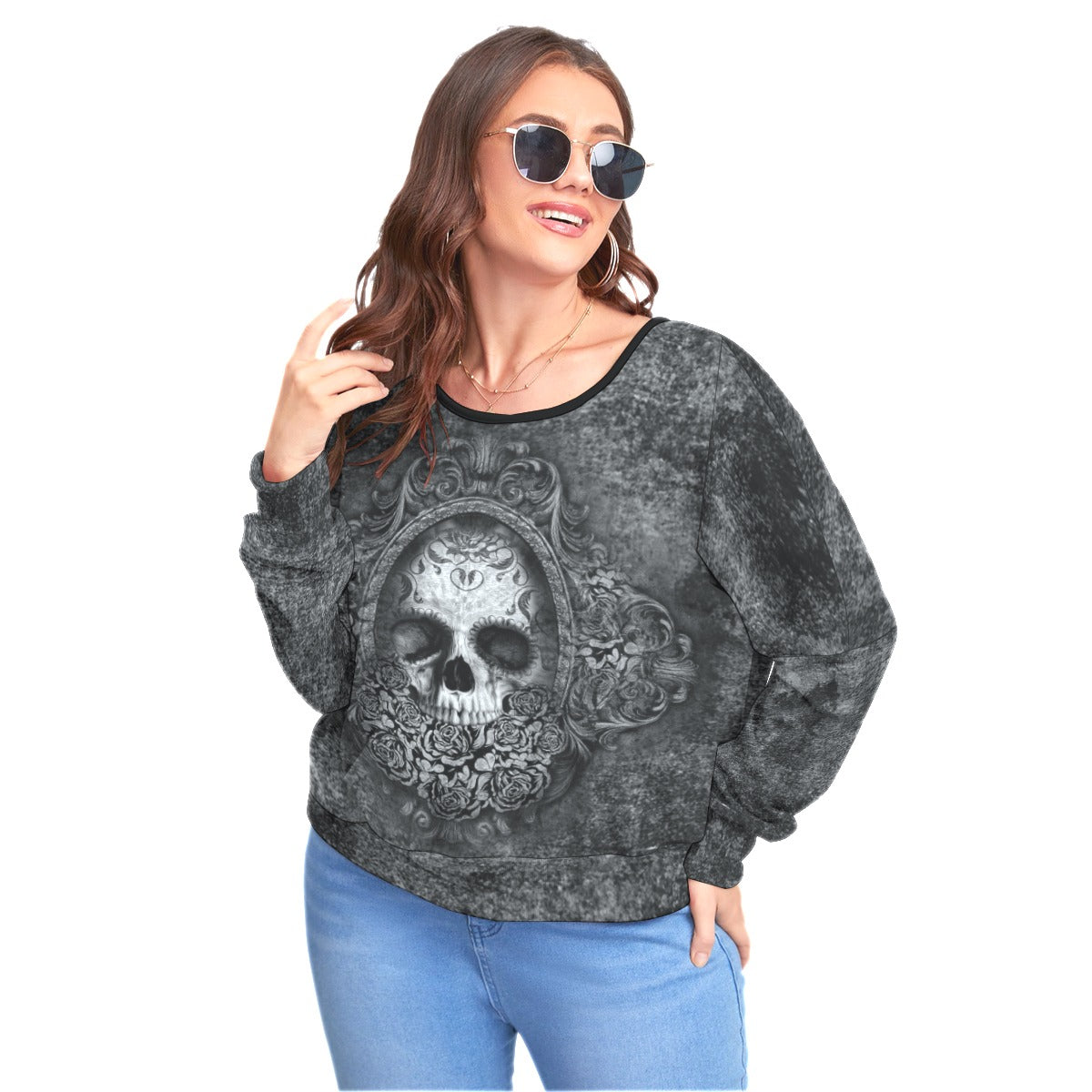Gothic Mirror Skull Backless Sweatshirt With Bat Sleeve - Wonder Skull