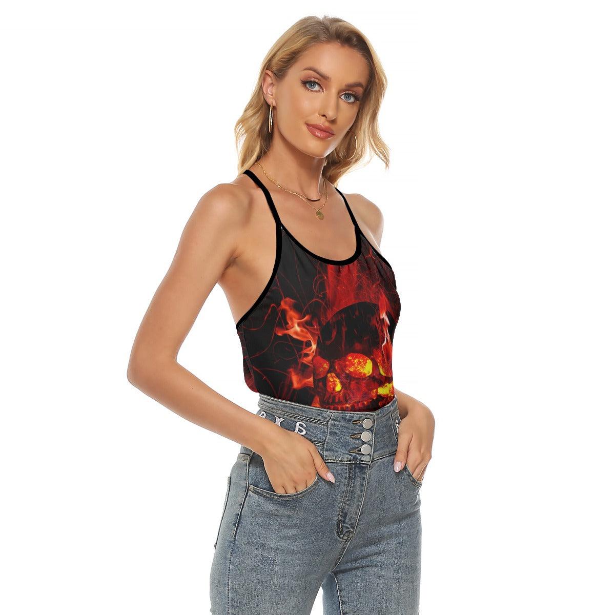 Fire Flow Gothic Skull Criss-Cross Open Back Tank Top, Coolest T-Shirt For Women - Wonder Skull