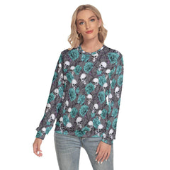 Cyan Roses And Skulls Pattern Slim Round Neck Sweatshirt - Wonder Skull