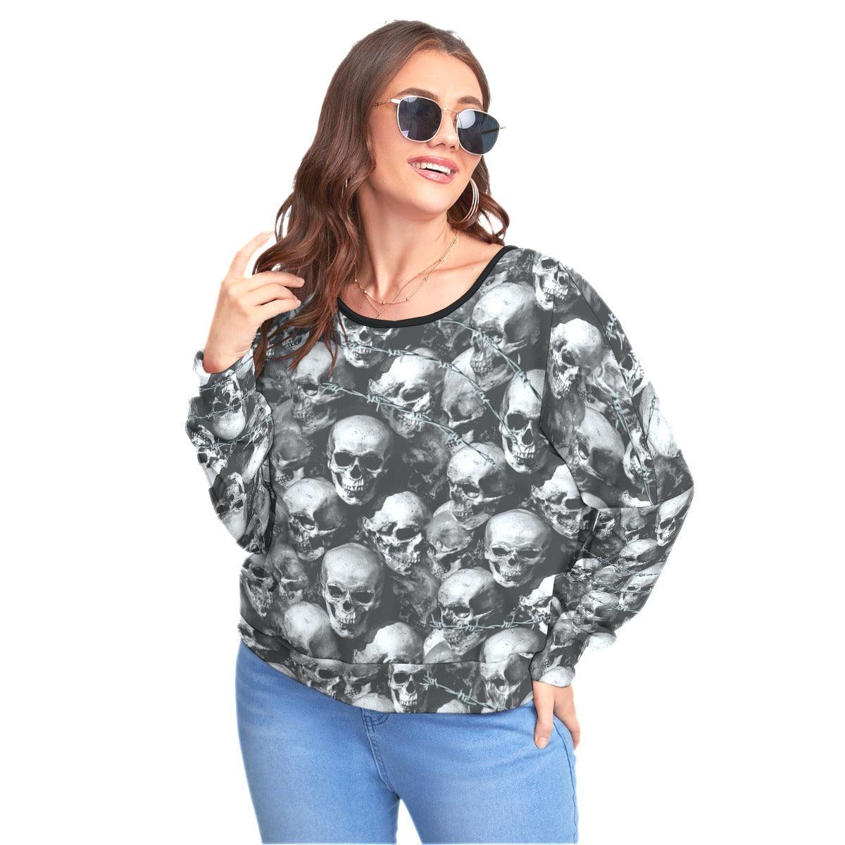 Barbed Wire Skull Backless Sweatshirt With Bat Sleeve - Wonder Skull