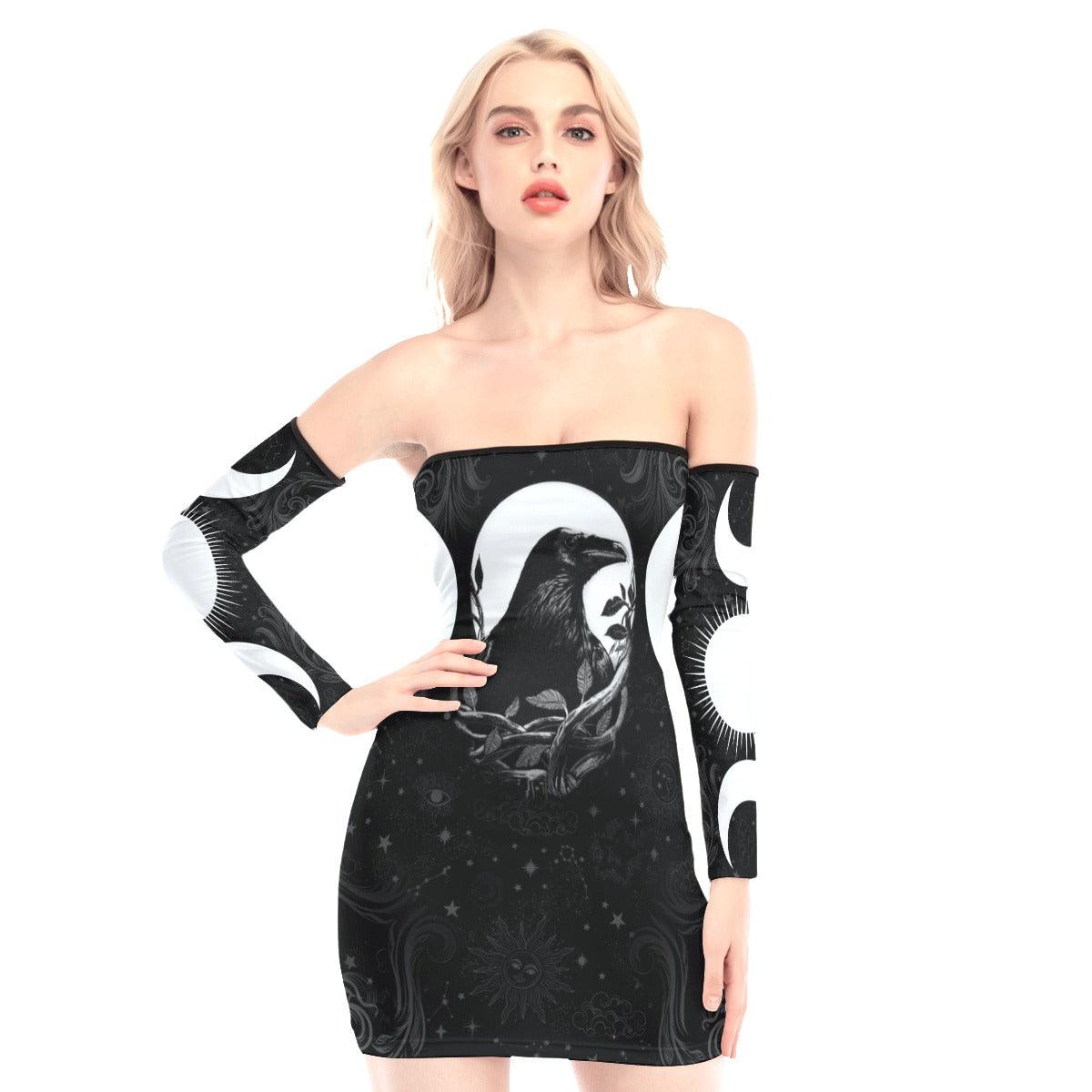 Crescent Moon Raven Off-shoulder Back Lace-up Dress - Wonder Skull
