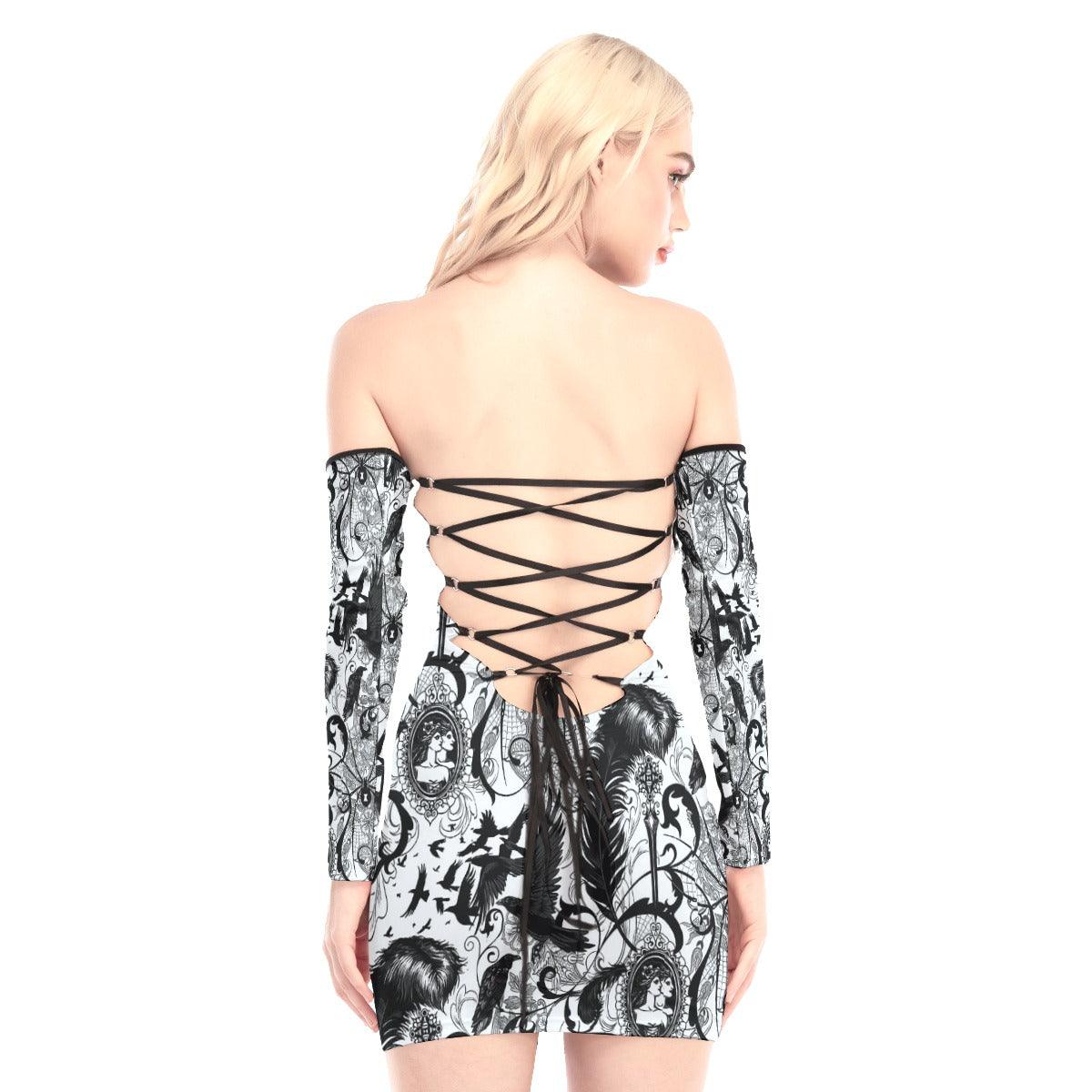 Baroque Raven Skull Off-shoulder Back Lace-up Dress - Wonder Skull