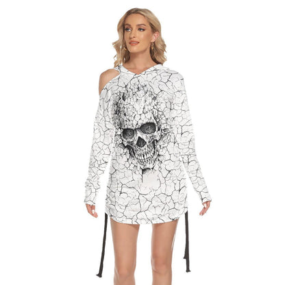Black Skull Cracked Drawing Skull Print Open Shoulder Dress - Wonder Skull