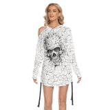 Black Skull Cracked Drawing Skull Print Open Shoulder Dress - Wonder Skull