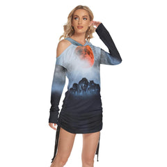 Hunting Mode Wolves All Over Print Women One Shoulder Dress With Waist Shirring, Long Hoodie For Women - Wonder Skull