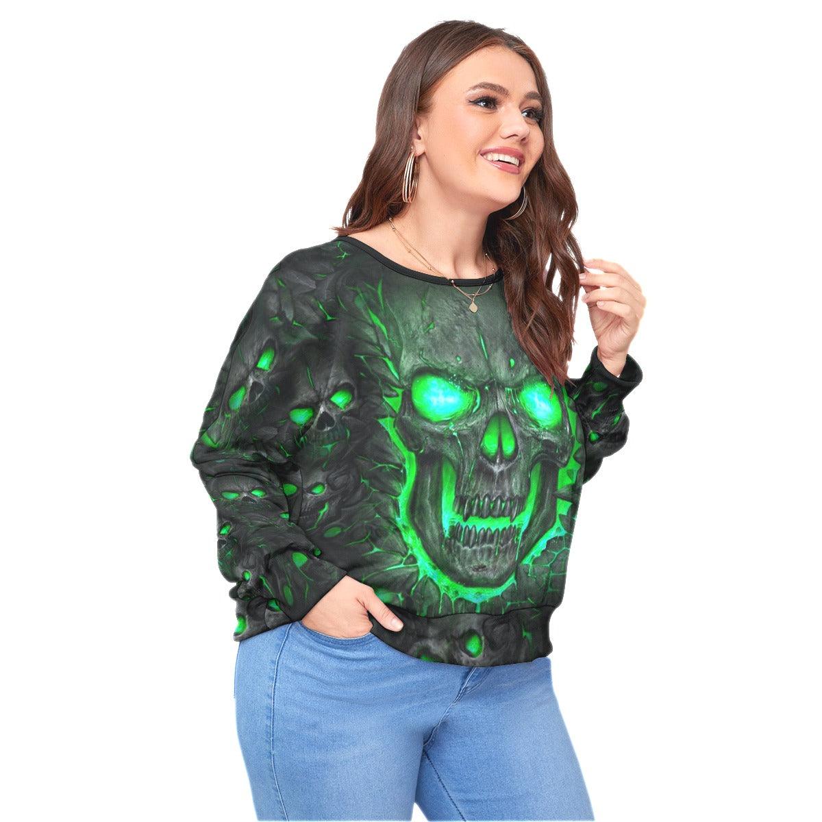 Green Skull Lava Backless Sweatshirt With Bat Sleeve - Wonder Skull
