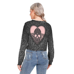 Skull Heart Long Sleeve Sweatshirt With Hem Drawstring - Wonder Skull