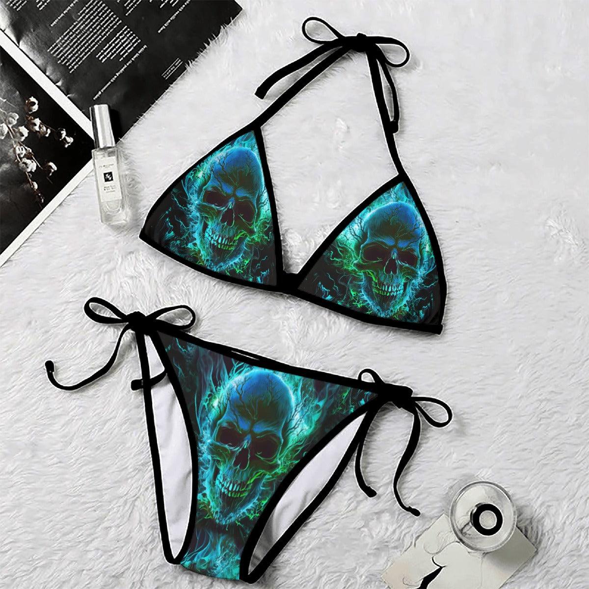 Green Gothic Skull Flame Micro Triangle Bikini Swimsuit - Wonder Skull