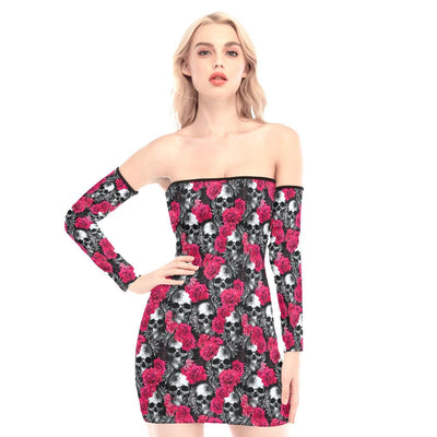Skulls Spiderwebs Roses Off-shoulder Back Lace-up Dress - Wonder SKull