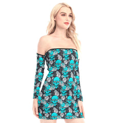 Cyan Skull Peony Off-shoulder Back Lace-up Dress - Wonder Skull