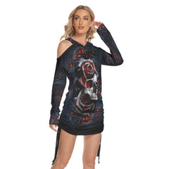 Black Skull Rose Color Drawing Skull Print Open Shoulder Dress - Wonder Skull