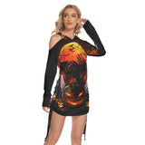 Halloween Raven Pumpkin All Over Print Women One Shoulder Dress With Waist Shirring, Long Hoodie For Women - Wonder Skull