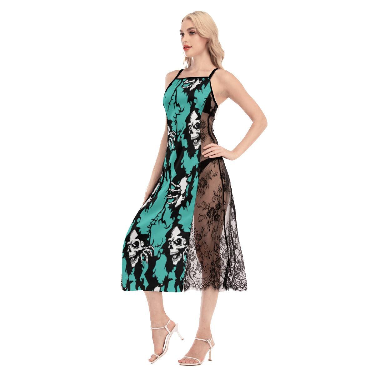 Hot Crack Skull Cyan Lace Cami Cross Back Women Dress - Wonder Skull